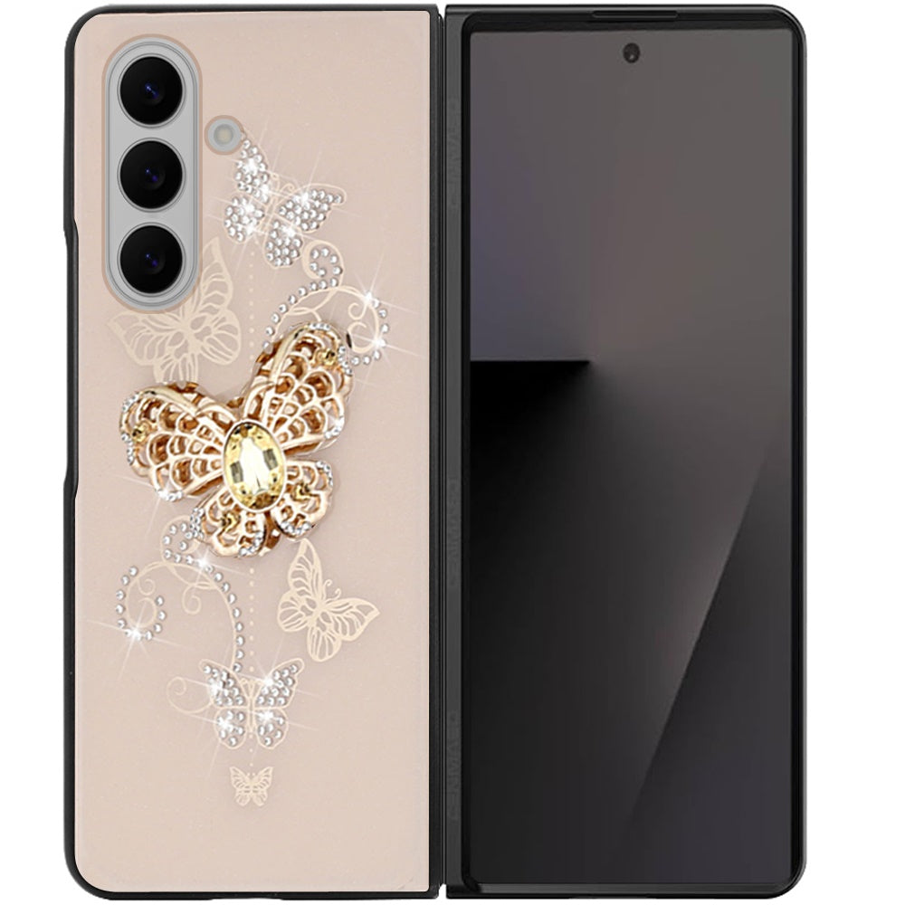 For Samsung Galaxy Z Fold 7 Diamonds 3D Fashion Floral Bling Sparkly Glitter Ornaments Engraving Hybrid with Ring Stand Case Cover