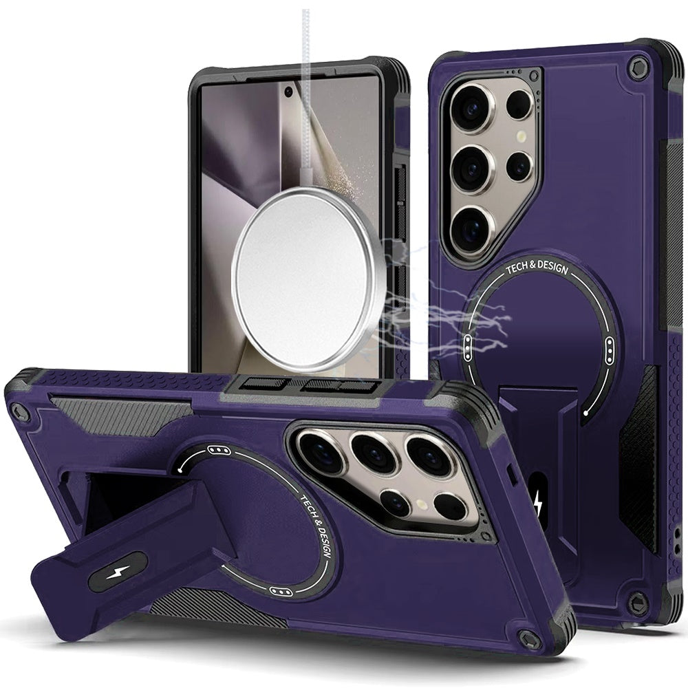 Phone Case for Galaxy S25 Ultra Magnetic Kickstand Rugged Shockproof Armor Grip Anti Slip Heavy Duty Protective Matte Stand Hybrid Cover Purple