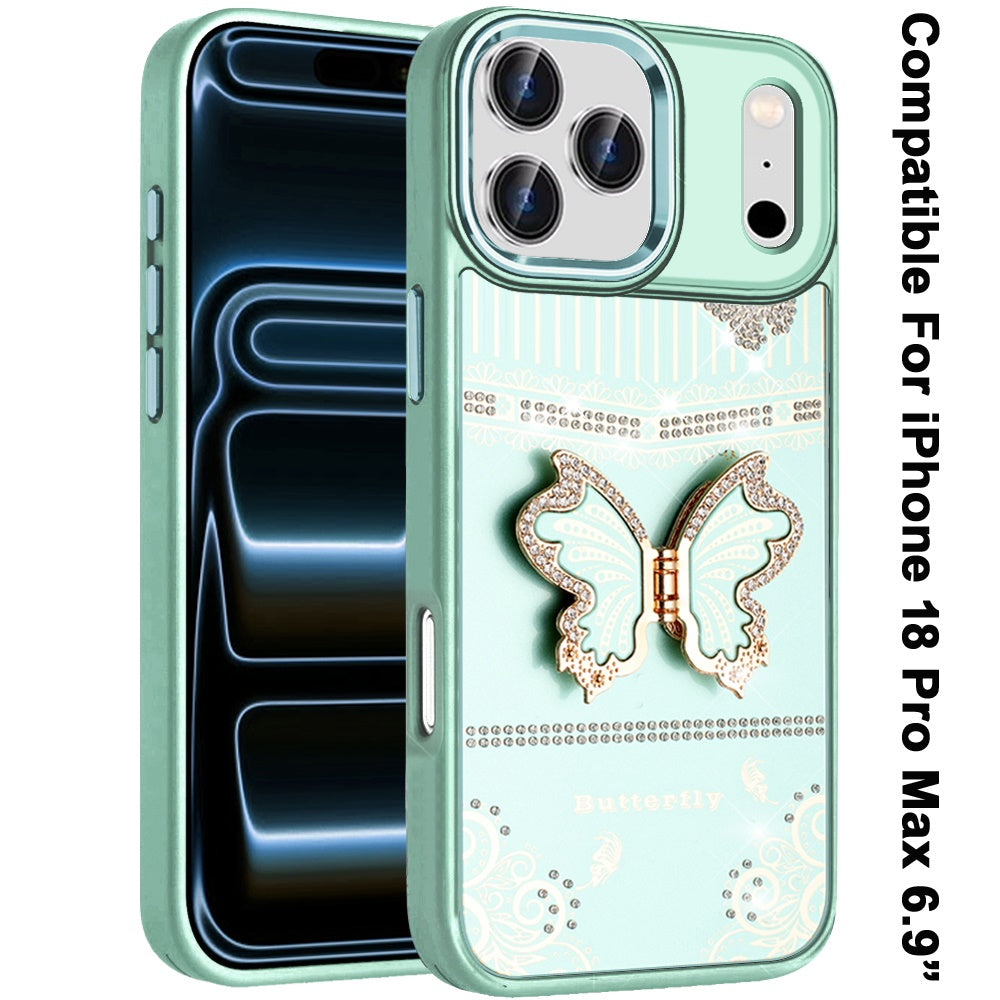 Phone Case for Apple iPhone 18 Pro Max Glitter Bling Butterfly Stand Metallic Edge Hybrid Shockproof Grip Durable Camera Protection Stylish Design Cover