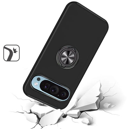For Google Pixel 9 Pro XL Hybrid 360 Degree Rotatable Metal Invisible Ring Stand Holder Slim Fit Magnetic Car Mount Shockproof Case Cover Silver