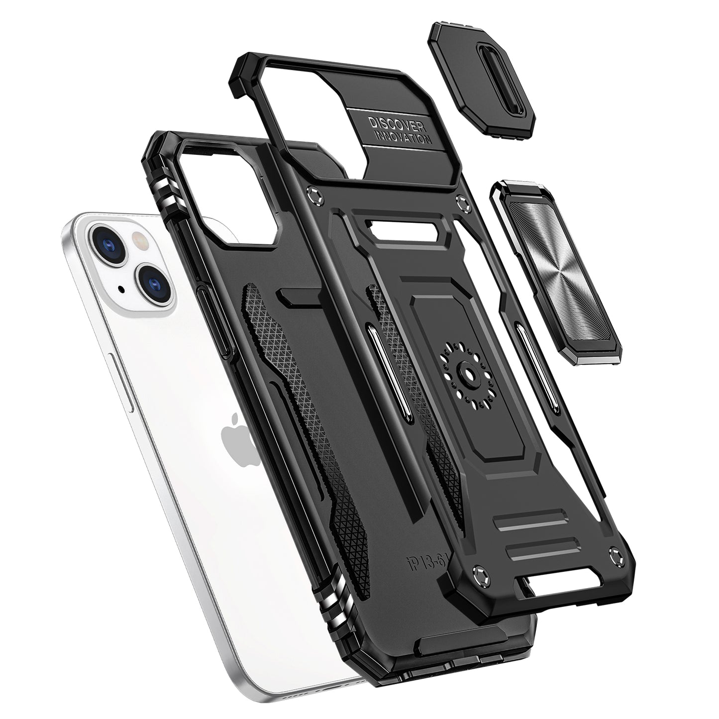 For iPhone 14/13 (6.1") Tough Hybrid Case with Movable Camera Window & Metal Ring Stand Shockproof Case Cover Cosmic Orange