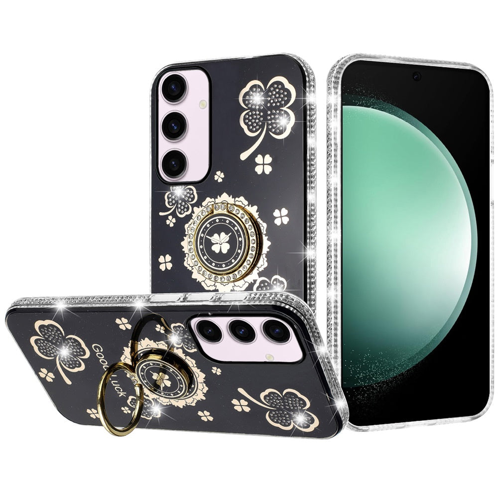 For Samsung Galaxy S21 Ultra Diamonds Bling All Around Edges Sparkly Glitter Hybrid Ring Stand Holder Fashion Good Luck Case Cover