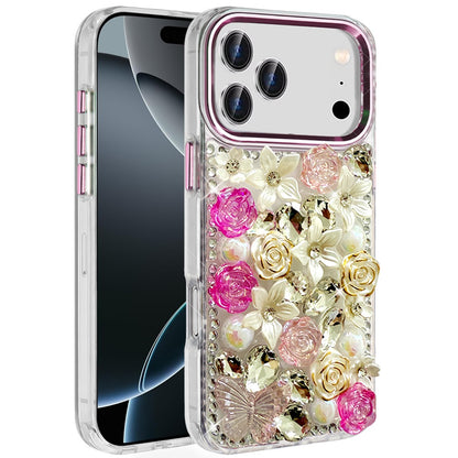 Phone Case for Apple iPhone 18 Pro Luxury Rose Bling Rhinestone Glitter Floral Hybrid Shockproof Stylish Protective Designer Ornament Sparkle Cover Pink