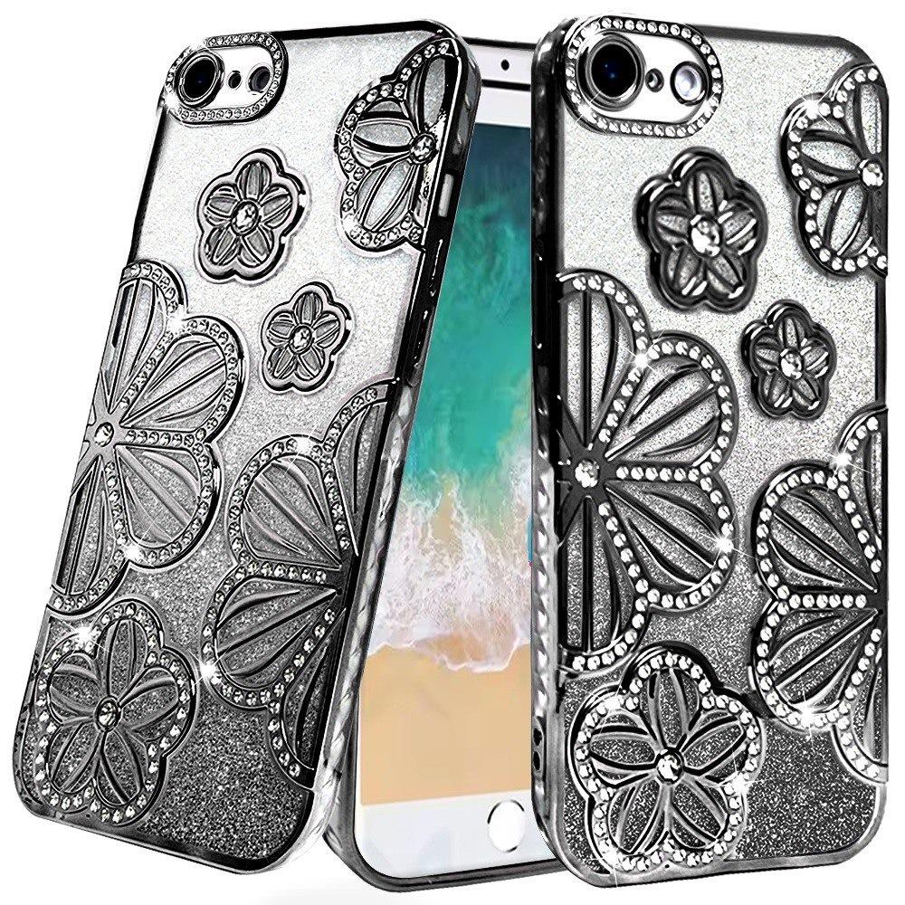 For Apple iPhone 17E /16E Luxury Flower Design Sparkle Glitter Diamond Rhinestone Shimmer Bling Plating Thick TPU Hard PC Case Cover
