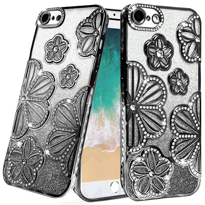 For Apple iPhone 17E /16E Luxury Flower Design Sparkle Glitter Diamond Rhinestone Shimmer Bling Plating Thick TPU Hard PC Case Cover