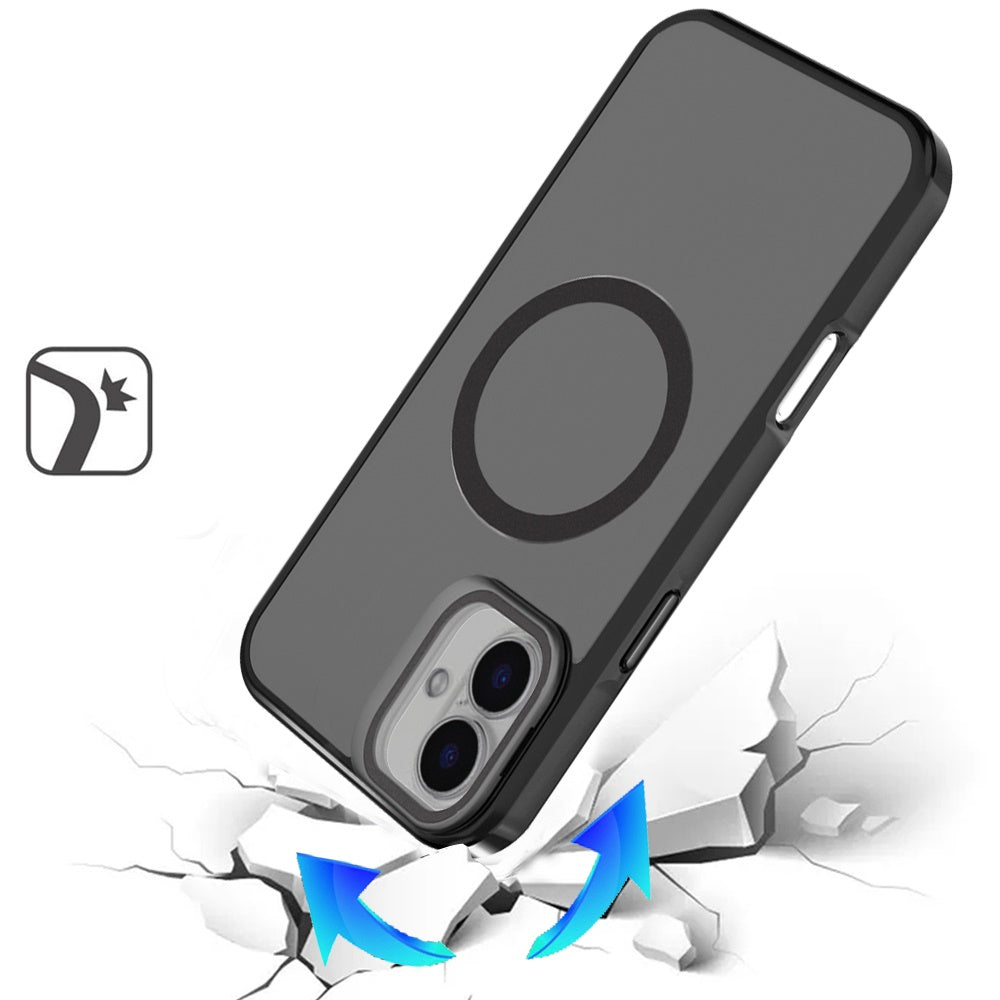 For Apple iPhone 17 (6.3") Tough HQ Hybrid Case with Aluminum Frame Camera Stand, Compatible with MagSafe, Translucent Matte Shockproof Case Cover Black