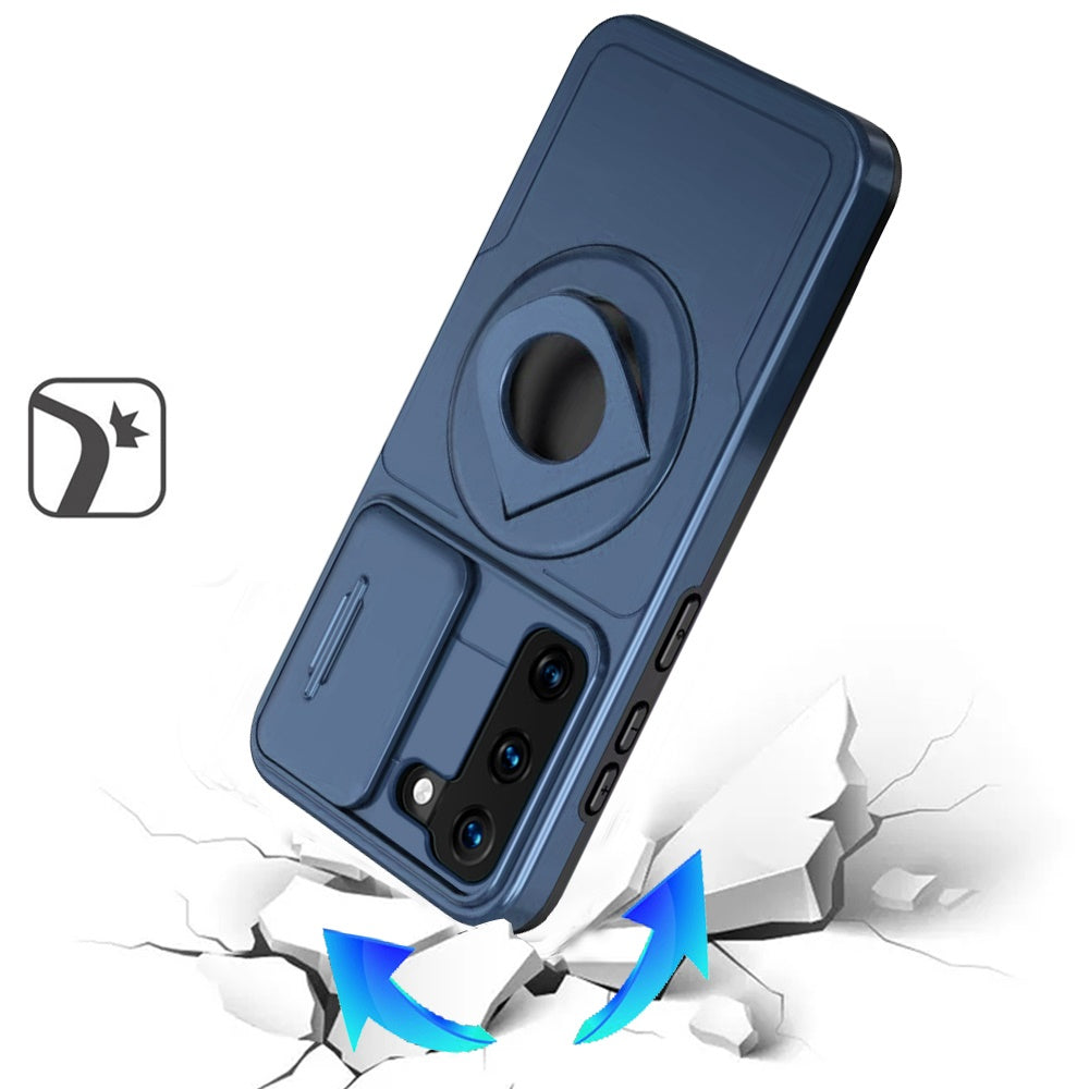 For Samsung Galaxy S21 FE /Fan Edition Full Coverage with Camera Window, Magnetic Circle, Rotatable Ring Stand, MagSafe Compatible, Shockproof Hybrid Protectiv Case Cover Blue