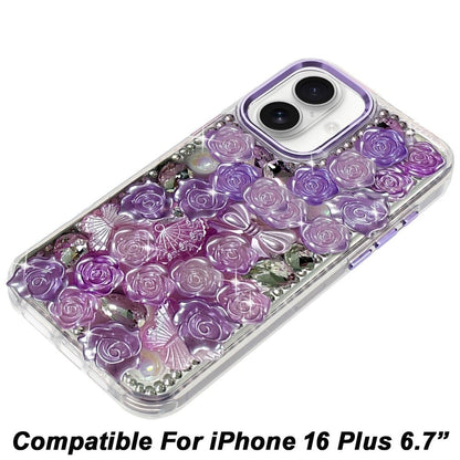 Phone Case for Apple iPhone 16 Plus 3D Flower Bling Rhinestone Glitter Cute Stylish Shockproof Protective Decorative Luxury Grip Stones Ornaments Cover