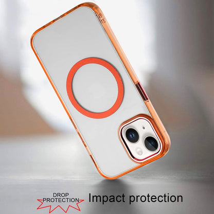 For iPhone 15 Plus (6.7") Transparent Back Hybrid Case - Magnetic Circle, Color Frame, Metal Buttons, MagSafe Compatible Case Cover Black