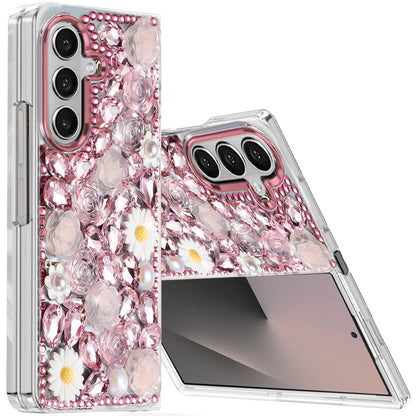 Phone Case for Samsung Galaxy Z Fold 7 Full Bling Rhinestone Glitter Floral Luxury Hybrid Shockproof Stylish Sparkling Protective Designer Ornament Cover