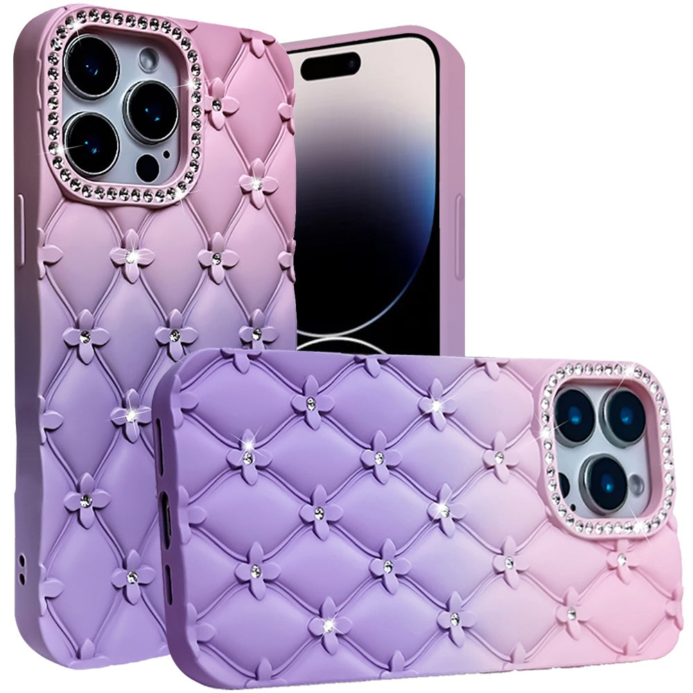 For Apple iPhone 16 Pro (6.3") Fashion Flower Design Sparkle Glitter Shimmer Rhinestone Bling Leather Feel Thick TPU Rubber Hard PC Case Cover