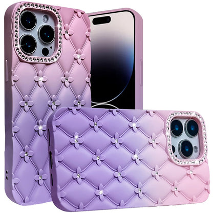 For Apple iPhone 16 Pro (6.3") Fashion Flower Design Sparkle Glitter Shimmer Rhinestone Bling Leather Feel Thick TPU Rubber Hard PC Case Cover