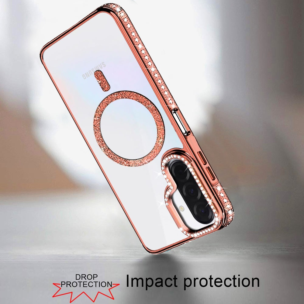 Phone Case for Galaxy A17 5G Luxury Diamond Bling Edged Magnetic Glitter Shockproof Hybrid with Camera Kickstand Durable Grip Cover Pink