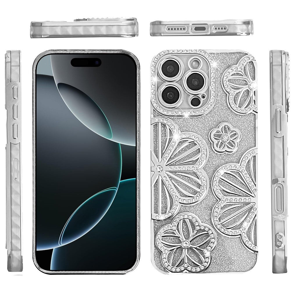 For Apple iPhone 16 Pro Luxury Flower Design Sparkle Glitter Diamond Rhinestone Shimmer Bling Plating Thick TPU Hard PC Case Cover