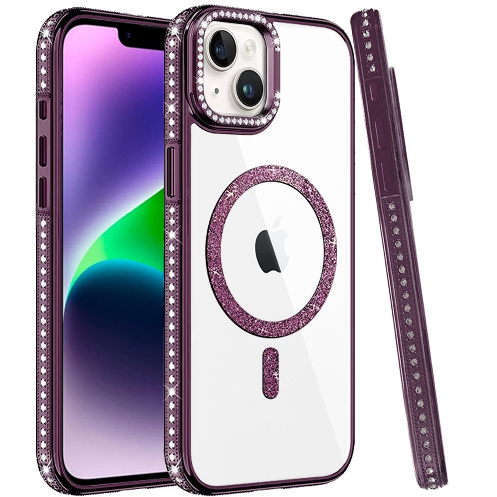 Phone Case for Apple iPhone 14 Luxury Diamond Bling Edged Magnetic Glitter Shockproof Hybrid with Camera Kickstand Durable Grip Cover