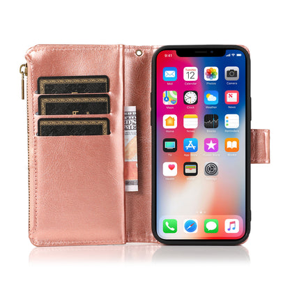 For Apple iPhone 17E /16E Leather Wallet Case with Zipper, 9 Card Slots, Cash Pocket, Stand & Strap, Clutch Pouch Design Case Cover Rose Gold