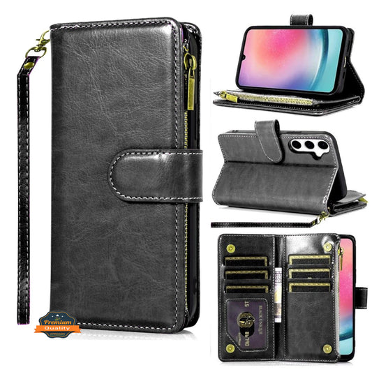 For Samsung Galaxy S26 Leather Wallet Case with Zipper, 9 Card Slots, Cash Pocket, Stand & Strap, Clutch Pouch Design Case Cover Black