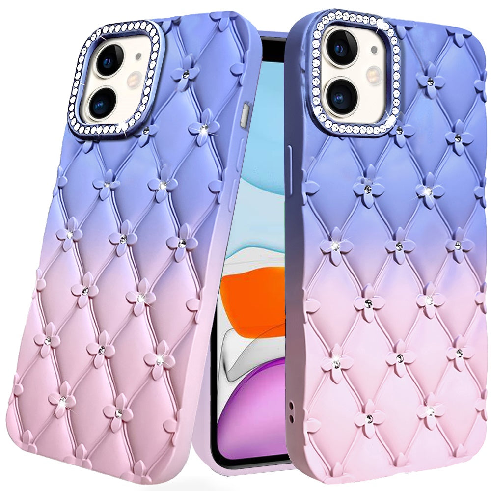 For Apple iPhone 11 Fashion Flower Design Sparkle Glitter Shimmer Rhinestone Bling Floral Accents, Leather Texture TPU Case Cover Light Blue /Light Pink