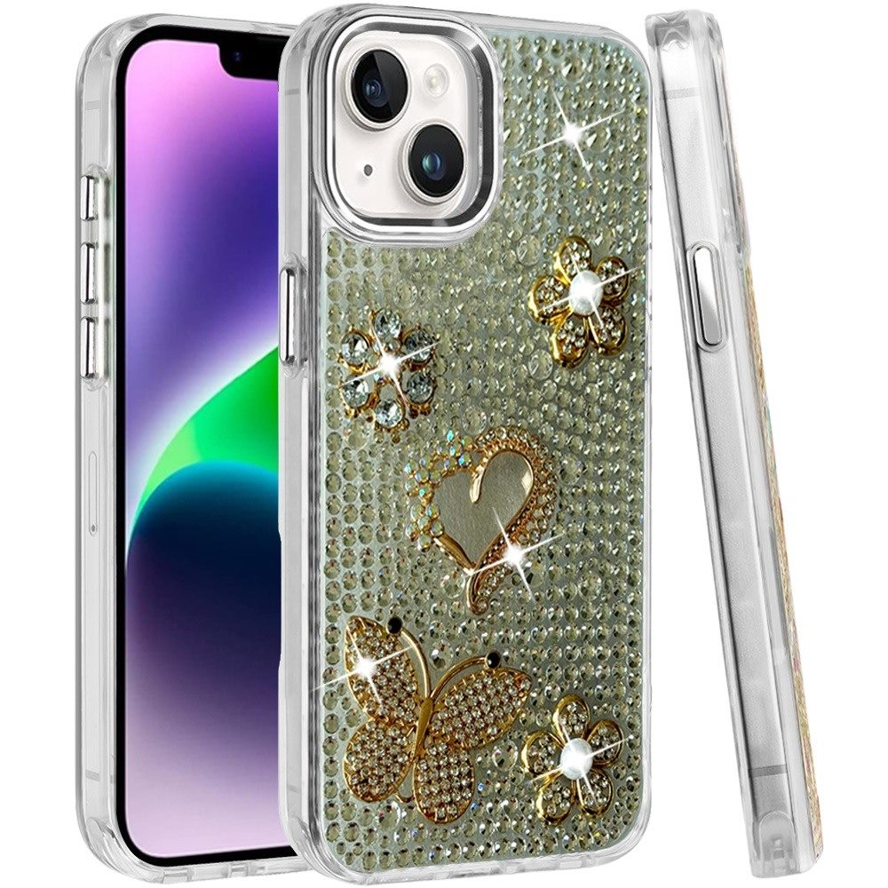 Phone Case for Apple iPhone 14/ iPhone 13 Luxury Crystal Butterfly Floral Jeweled Heart Full Diamond Design, Sparkling Decorative Details, Elegant Style Cover Silver