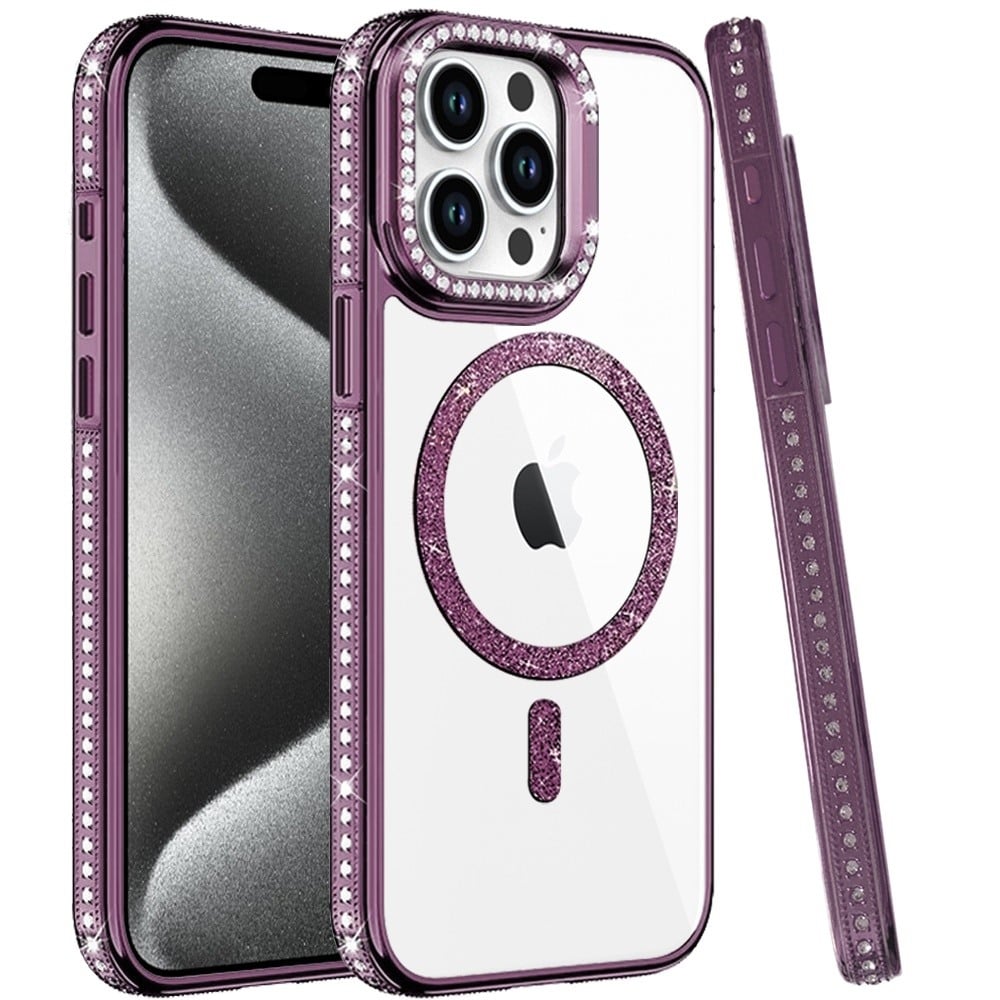 Phone Case for Apple iPhone 15 Pro Max Luxury Diamond Bling Edged Magnetic Glitter Shockproof Hybrid with Camera Kickstand Durable Grip Cover
