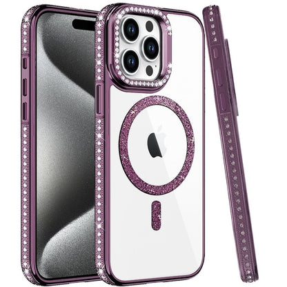 Phone Case for Apple iPhone 15 Pro Max Luxury Diamond Bling Edged Magnetic Glitter Shockproof Hybrid with Camera Kickstand Durable Grip Cover