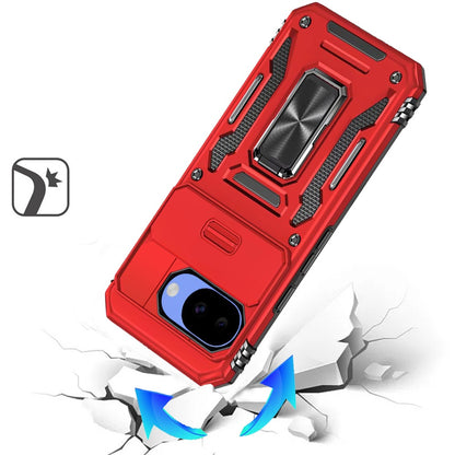 Phone Case for Google Pixel 10A Tough Metal Ring Shockproof Sliding Camera Window Hybrid Armor Rugged Anti Slip Heavy Duty Grip Cover Red