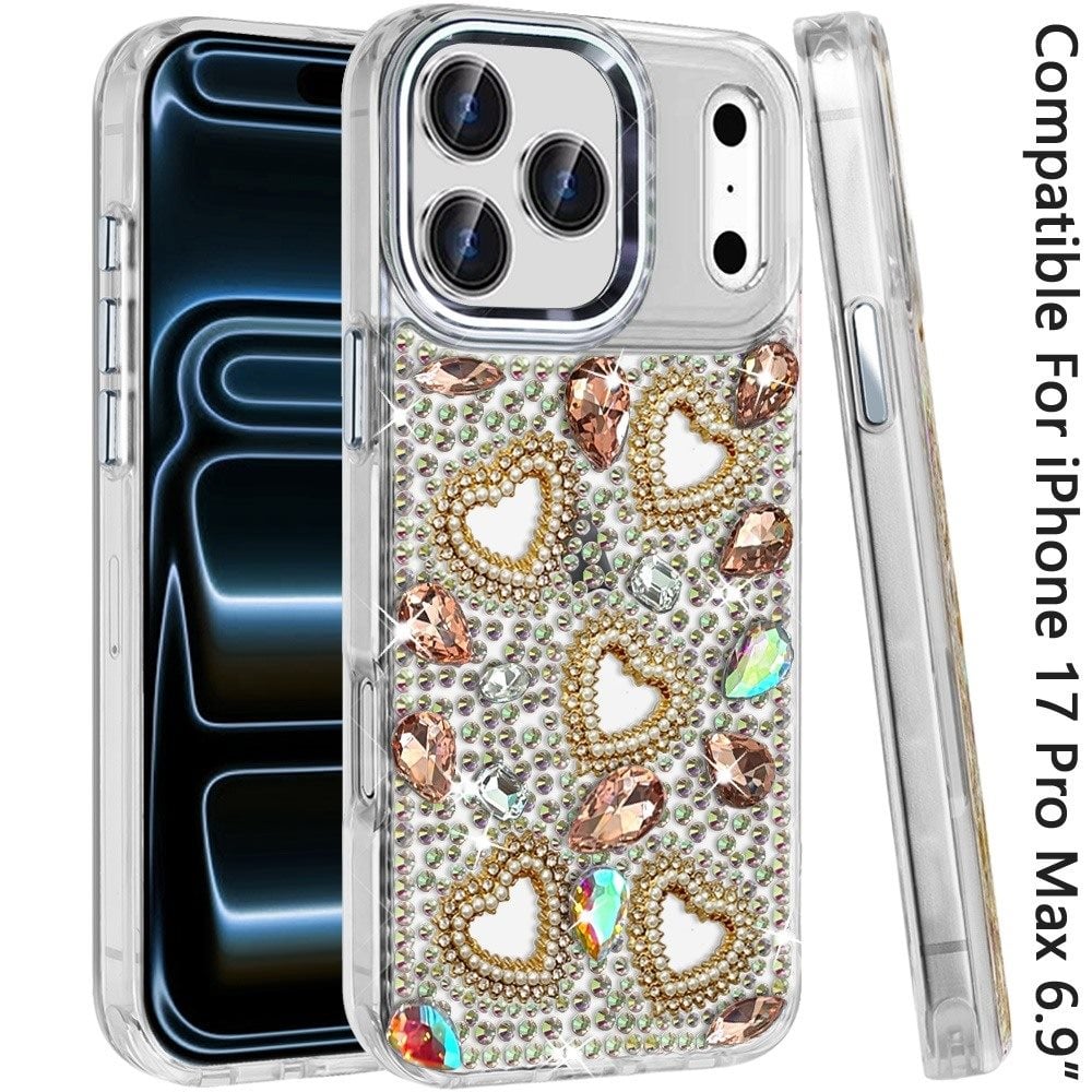 Phone Case for Apple iPhone 17 Pro Max Luxury Crystal Heart Rhinestone Diamond Bling Shockproof Hybrid Glitter Protective Stylish Durable Grip Cover