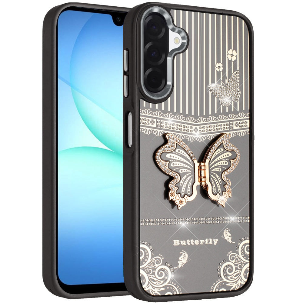 For Samsung Galaxy A17 5G Glitter 3D Butterfly Design Bling Metallic Edge Hybrid Stand Drop Protection TPU Shockproof Case Cover
