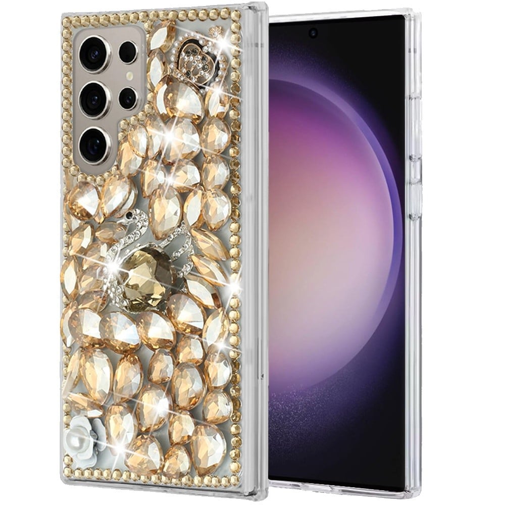 Phone Case for Samsung Galaxy S23 Ultra Luxury Full Diamond Glitter 3D Floral Ornament Hybrid Shockproof Stylish Rhinestone Designer Protective Elegant Cover