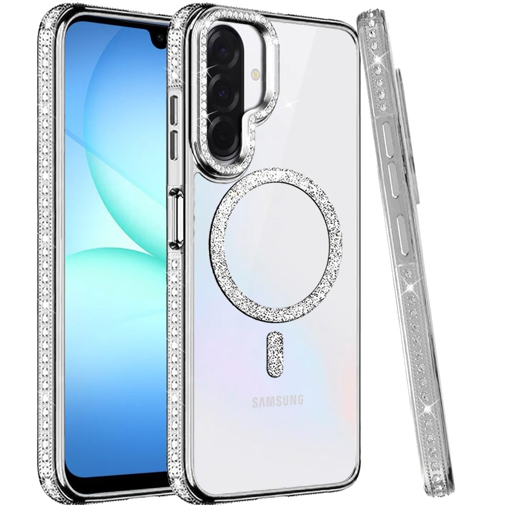 Phone Case for Galaxy A17 5G Luxury Diamond Bling Edged Magnetic Glitter Shockproof Hybrid with Camera Kickstand Durable Grip Cover Silver