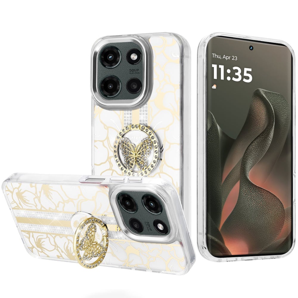 For Motorola Edge 2025 Diamonds 3D Butterfly Floral Design Bling Sparkly Glitter Hybrid Metal Fashion with Ring Stand Case Cover