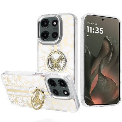 For Motorola Edge 2025 Diamonds 3D Butterfly Floral Design Bling Sparkly Glitter Hybrid Metal Fashion with Ring Stand Case Cover