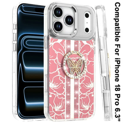Phone Case for Apple iPhone 18 Pro Floral Butterfly Ring Stand Glitter Bling Shockproof Hybrid Luxury Fashion Protective Anti Slip Durable Grip Cover