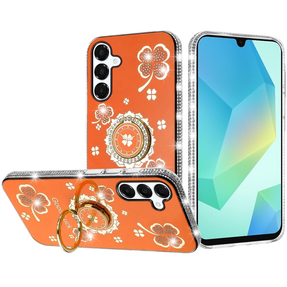 For Samsung Galaxy A16 5G Diamonds Bling All Around Edges Sparkly Glitter Hybrid with Ring Stand Holder Fashion Good Luck Case Cover Cosmic Orange