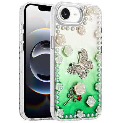 For Apple iPhone 17E /16E Bling Fashion Design with 3D Pearls Epoxy Glitter Ornaments Chrome Edge Hard Slim PC Case Cover