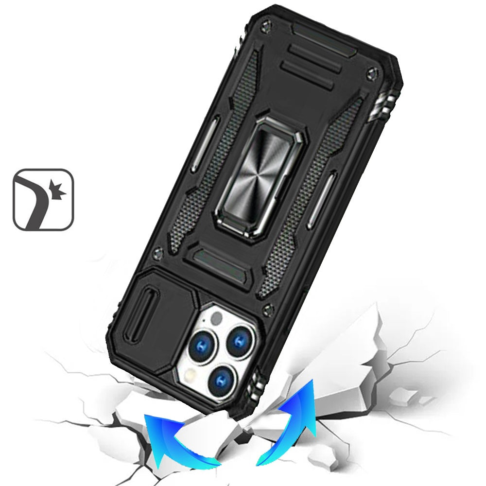 For Apple iPhone 13 Pro Tough Hybrid Case with Movable Camera Window & Metal Ring Stand Shockproof Case Cover