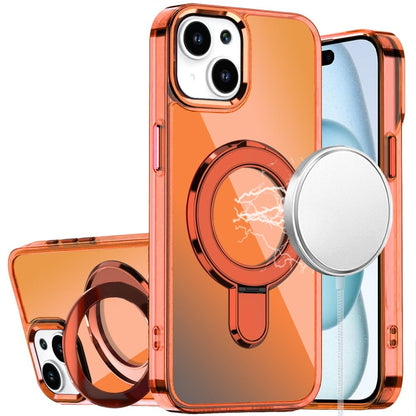For iPhone 15 Plus (6.7") Chrome Hybrid with Rotating Magnetic Circle Ring Stand, Slim Shockproof Hybrid Case Cover Cosmic Orange