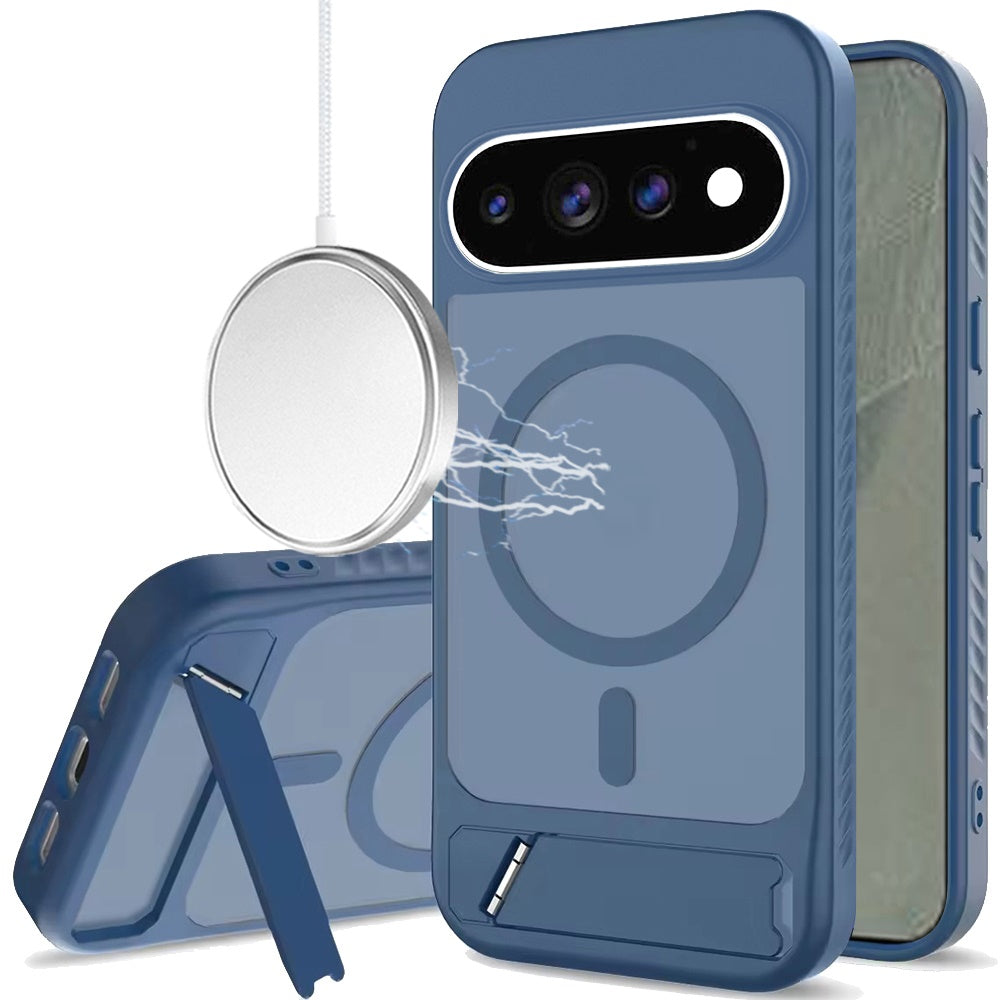 Phone Case for Google Pixel 11 Pro XL Matte Magnetic Metal Kickstand Shockproof Grip Anti Slip Durable Protective Heavy Duty Hybrid Cover Blue