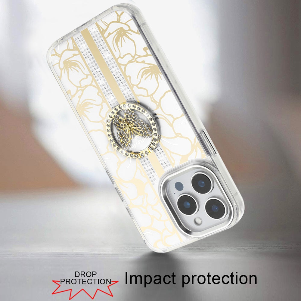 For Apple iPhone 13 Pro Max Floral Design Embedded Glass Diamond Fancy Fashion Glitter Bling Sparkly Hybrid Rugged TPU Bumper Case Cover