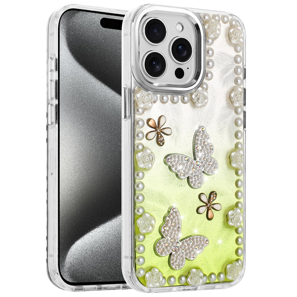 For Apple iPhone 15 Bling Fashion Design with 3D Pearls Epoxy Glitter Ornaments Chrome Edge Hard Slim PC Case Cover