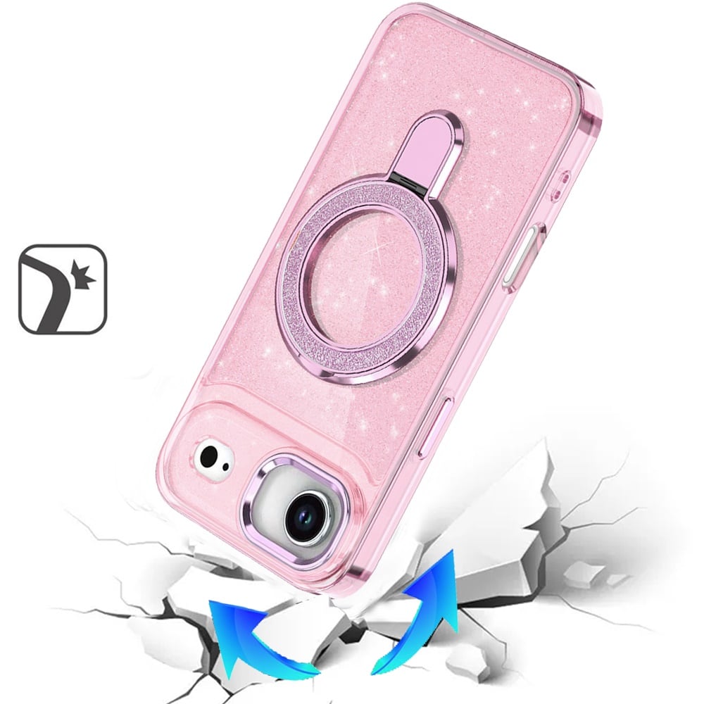 For Apple iPhone 17 Air (6.6") Transparent Glitter Bling Case with Rotating Magnetic Ring Stand, Shockproof Hybrid Case Cover Light Pink