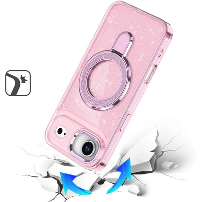 For Apple iPhone 17 Air (6.6") Transparent Glitter Bling Case with Rotating Magnetic Ring Stand, Shockproof Hybrid Case Cover Light Pink