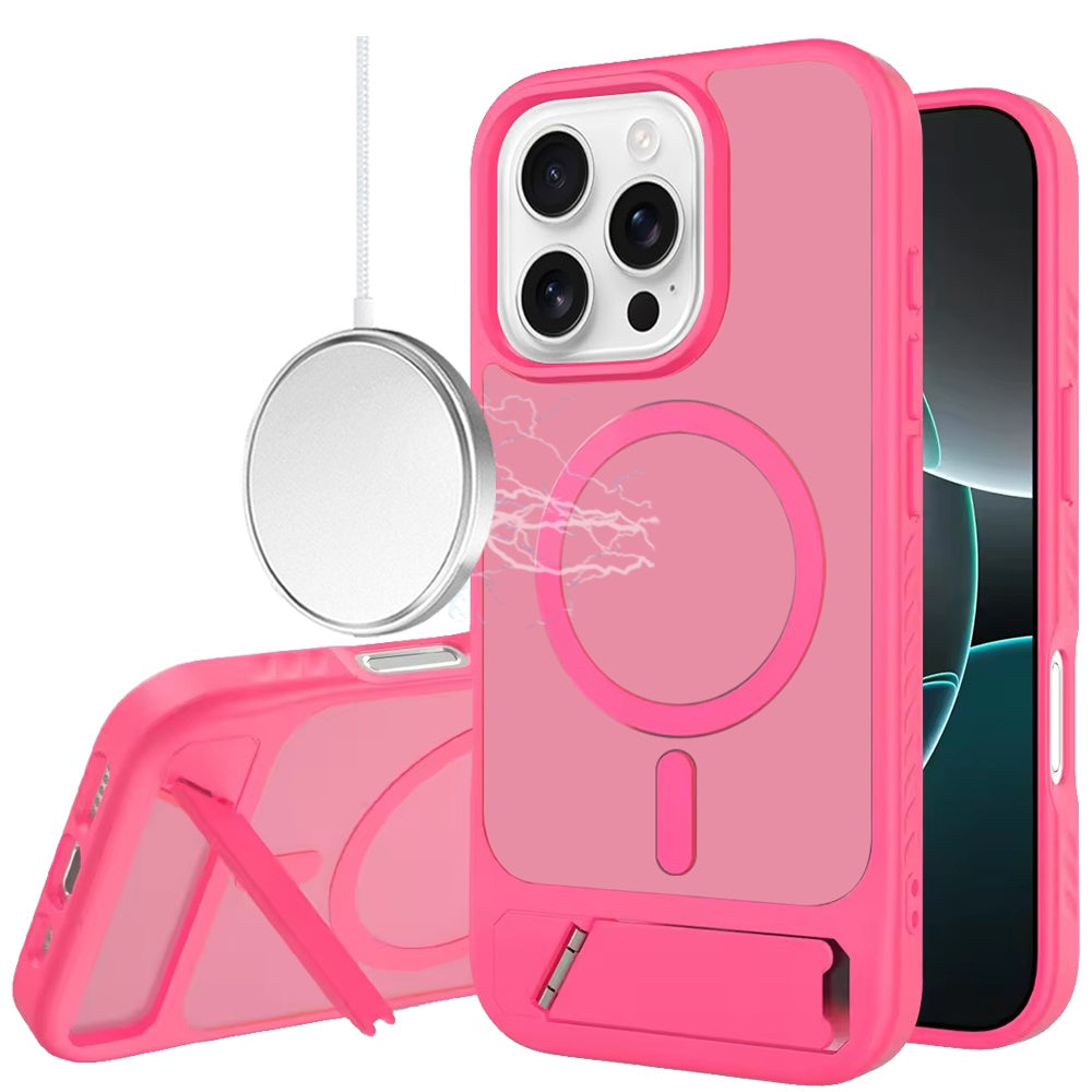 Phone Case for Apple iPhone 16 Pro Max Matte Magnetic Metal Kickstand Shockproof Grip Anti Slip Durable Protective Heavy Duty Hybrid Cover Hotpink