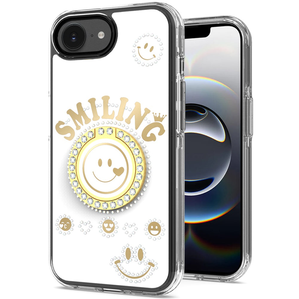 For Apple iPhone 17E /16E Smiling Glitter Bling Ornament Hybrid Shockproof Stylish Sparkle Design Secure Grip Durable Protection Case Cover White