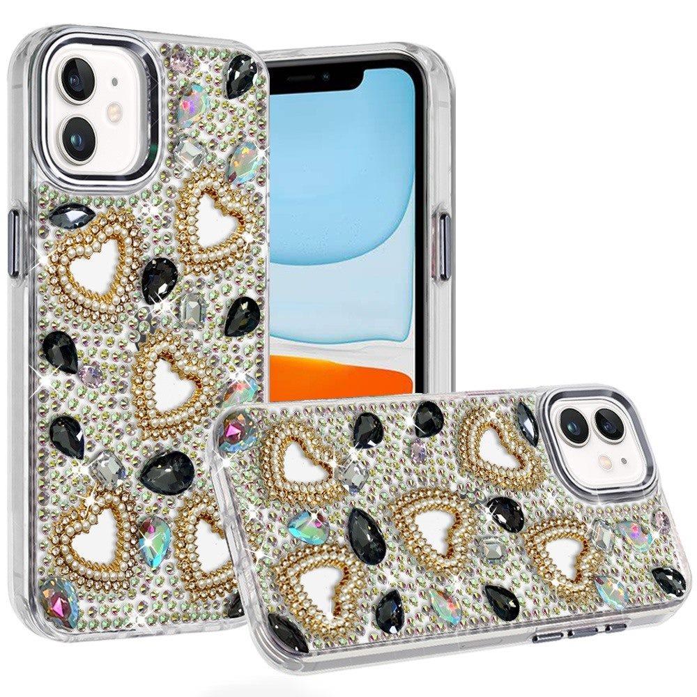 Phone Case for Apple iPhone 11 Luxury Crystal Heart Rhinestone Diamond Bling Shockproof Hybrid Glitter Protective Stylish Durable Grip Cover Black