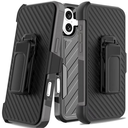 For Apple iPhone 16 Plus (6.7") Combo Hybrid lined with Belt Clip Holster Armor Shockproof Rugged Textured 2in1 Non Slip Tough Case Cover Black / Gray