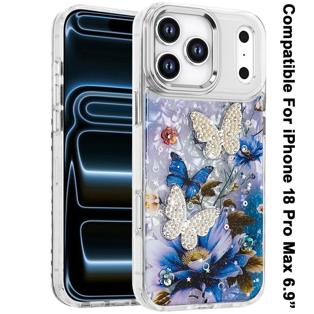 Phone Case for Apple iPhone 18 Pro Max/ 17 Pro Max Glitter Butterfly Design Metal Buttons Shockproof Hybrid TPU + PC Durable Protective Slim Grip Stylish Cover