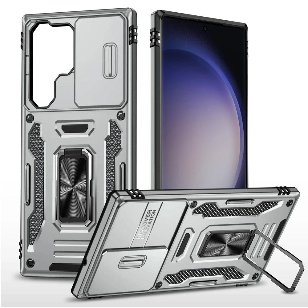 Phone Case for Samsung Galaxy S24 Ultra Tough Metal Ring Shockproof Sliding Camera Window Hybrid Armor Rugged Anti Slip Heavy Duty Grip Cover
