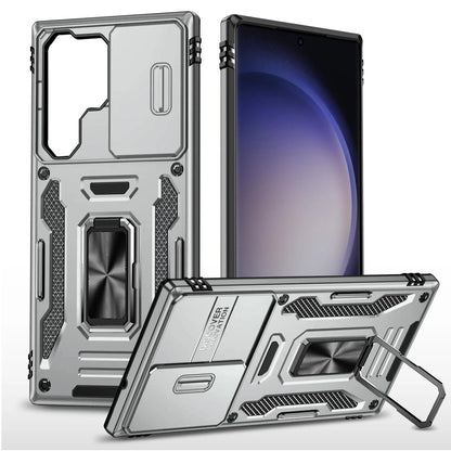 Phone Case for Samsung Galaxy S24 Ultra Tough Metal Ring Shockproof Sliding Camera Window Hybrid Armor Rugged Anti Slip Heavy Duty Grip Cover