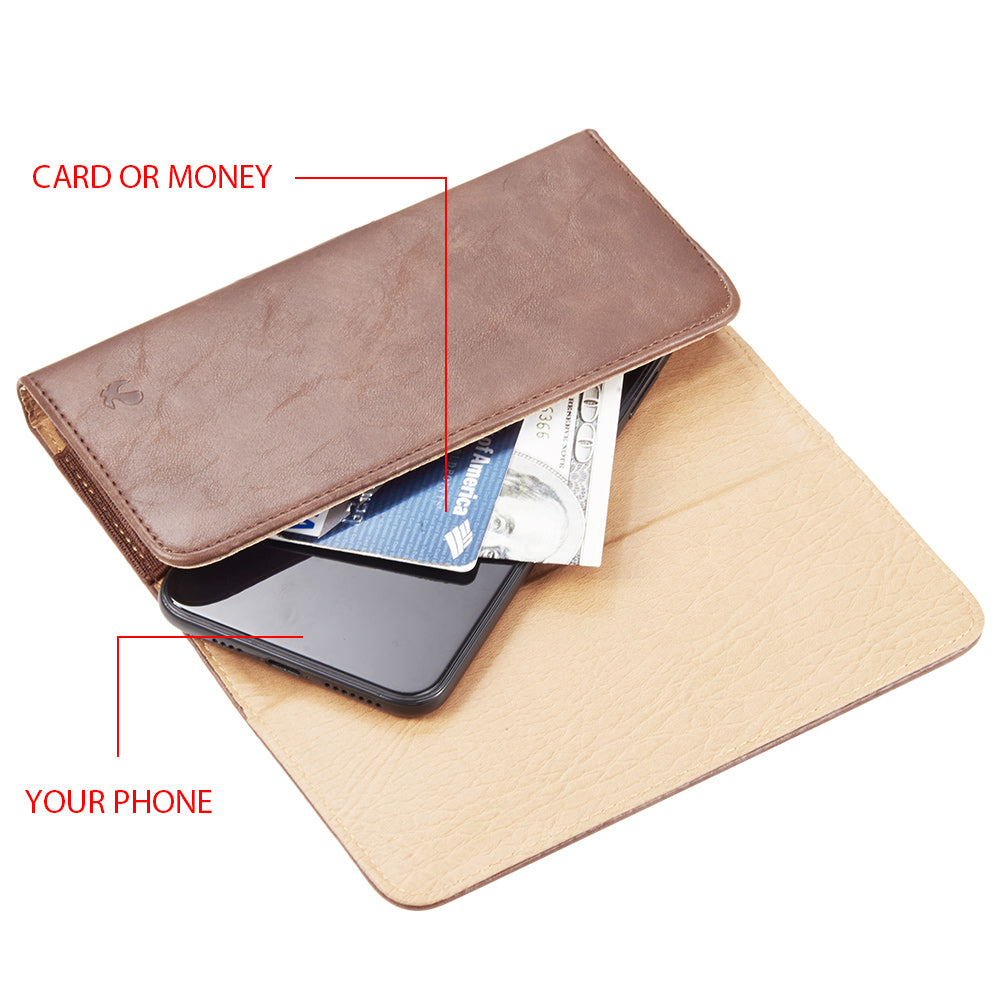 For Apple iPhone 16 Pro (6.3") Universal Horizontal Leather Phone Case with Embossed American Eagle Pouch Belt Clip Holster & Magnetic Pouch [Brown]